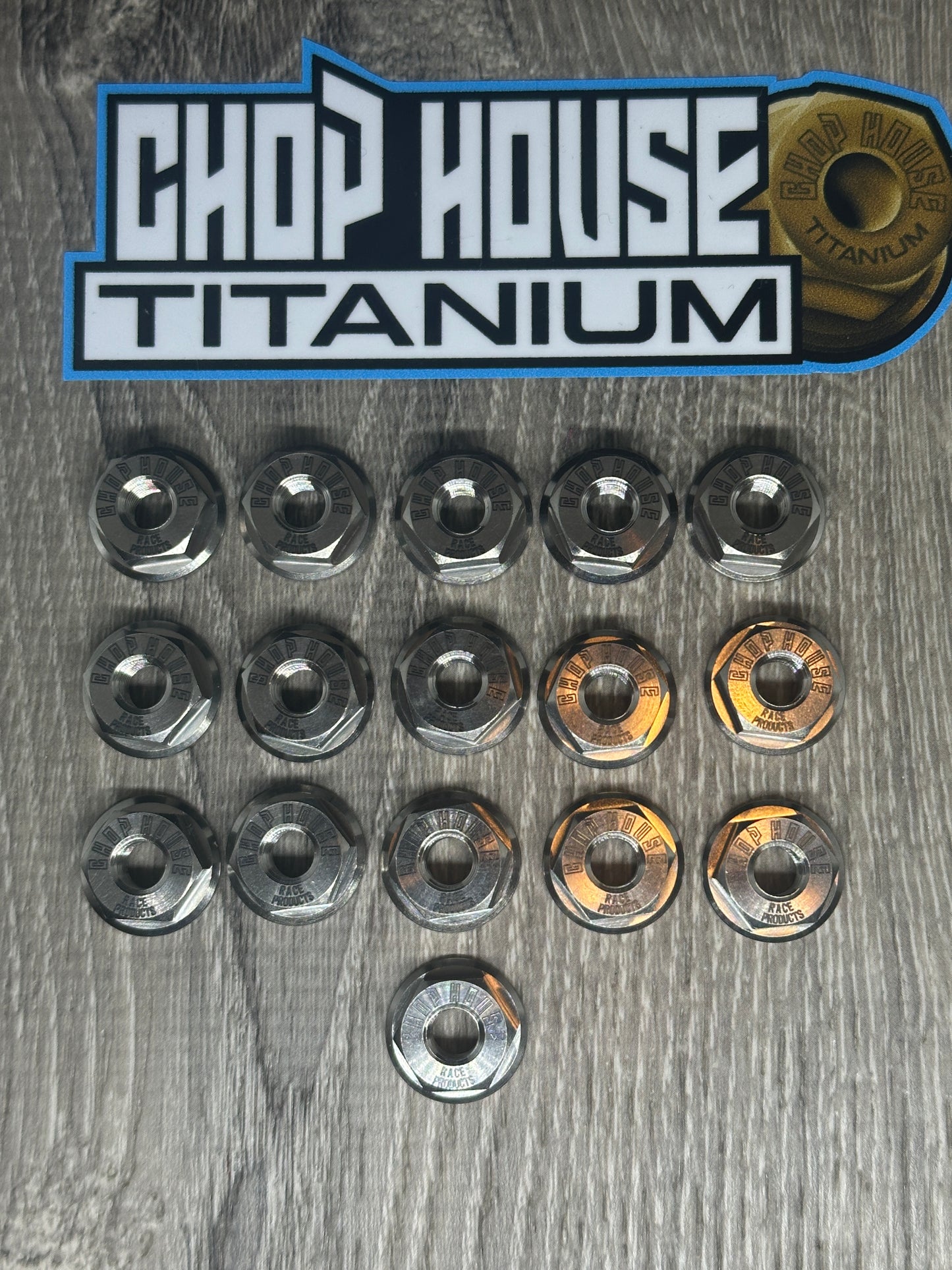 16- Natural TI 1/4-28 1/2" Lug Nuts/ Chop House Titanium